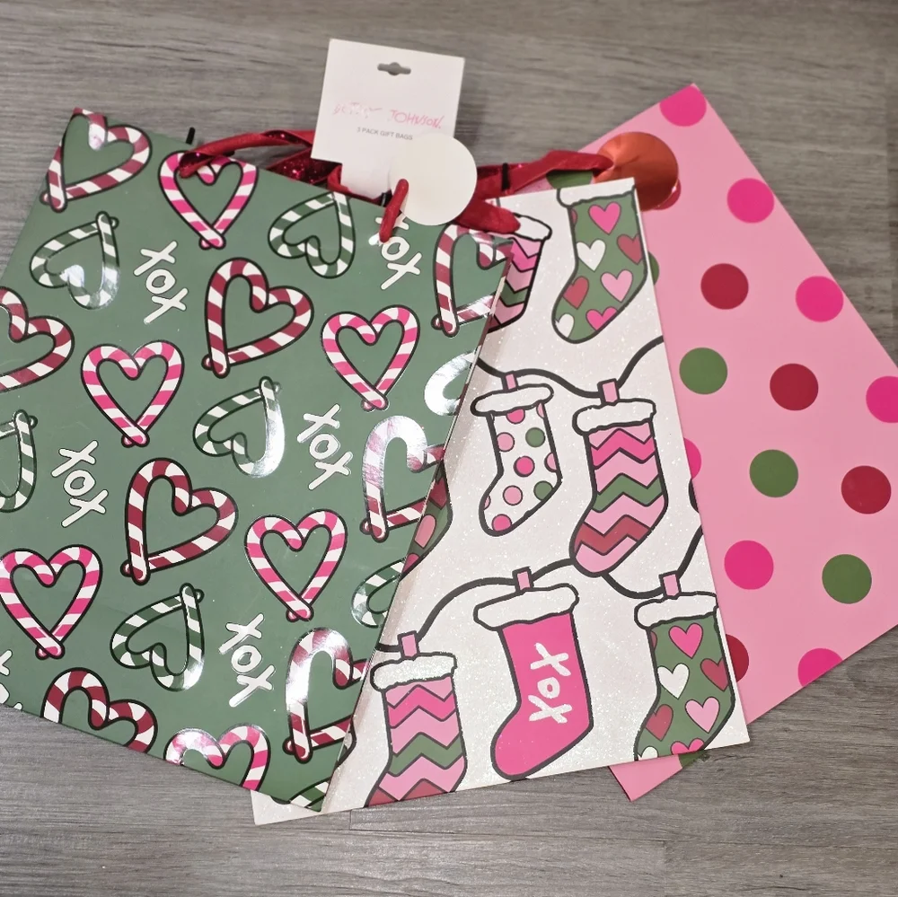 Betsey Johnson 3-PK Festive Candy Cane Heart and Stocking Gift‎ Bags